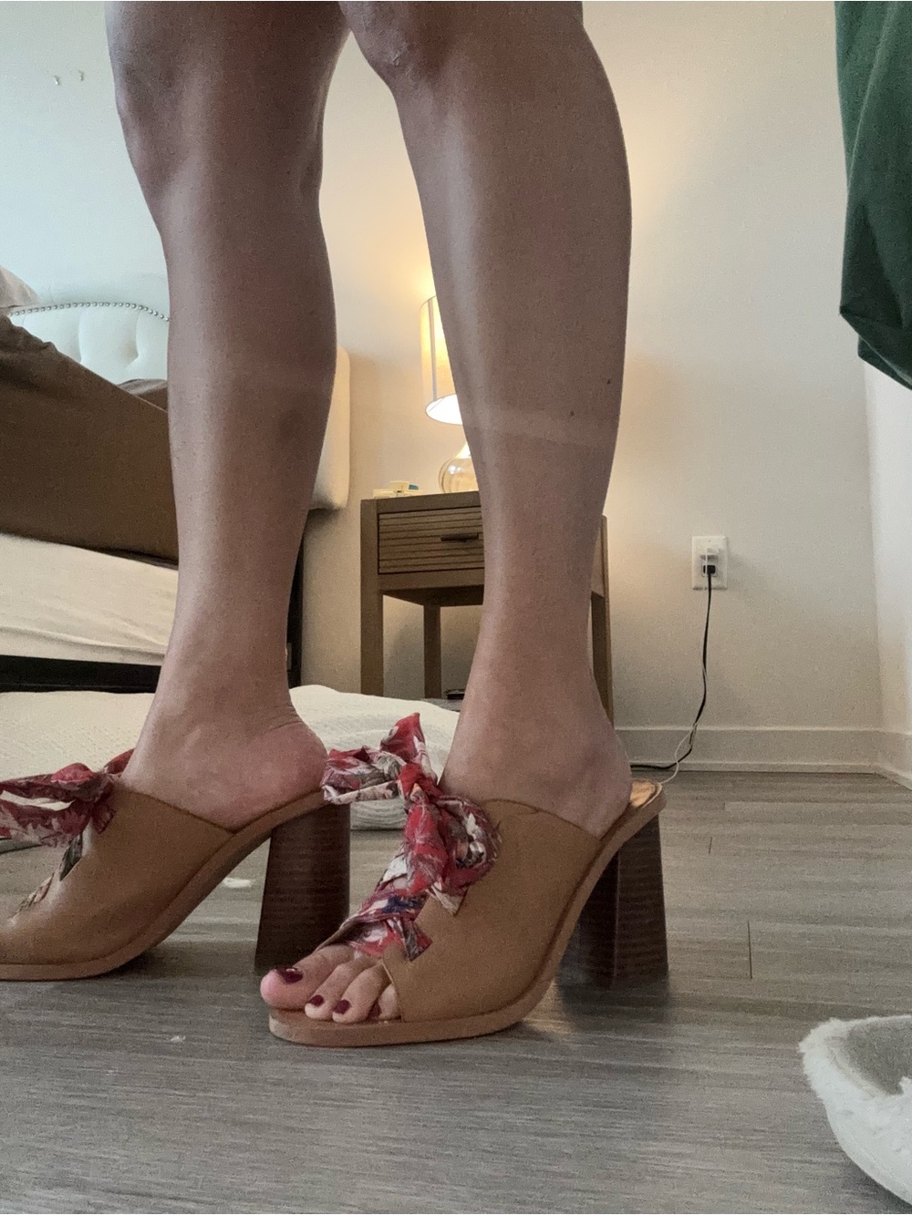 Dolce Vita Tan Leather Block Heel Mules with Red Patterned Scarf Tie